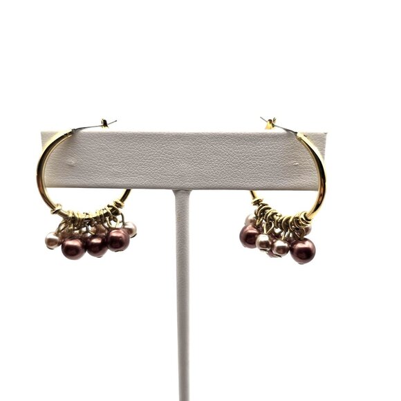 Ladies GoldTone Hoop Beaded Dangle Earrings Pink Purple Mauve Boho Fairy Cottage - Picture 2 of 5